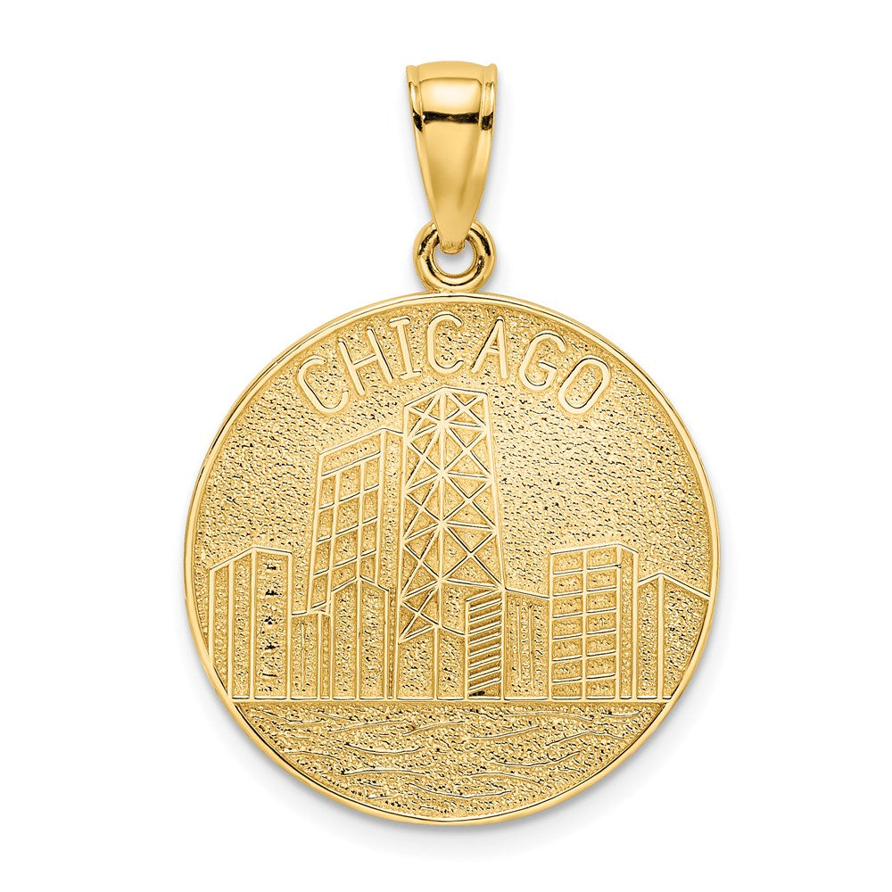 14k Yellow Gold 19.5 mm CHICAGO Skyline On Round Disc Charm (1.99 grams)