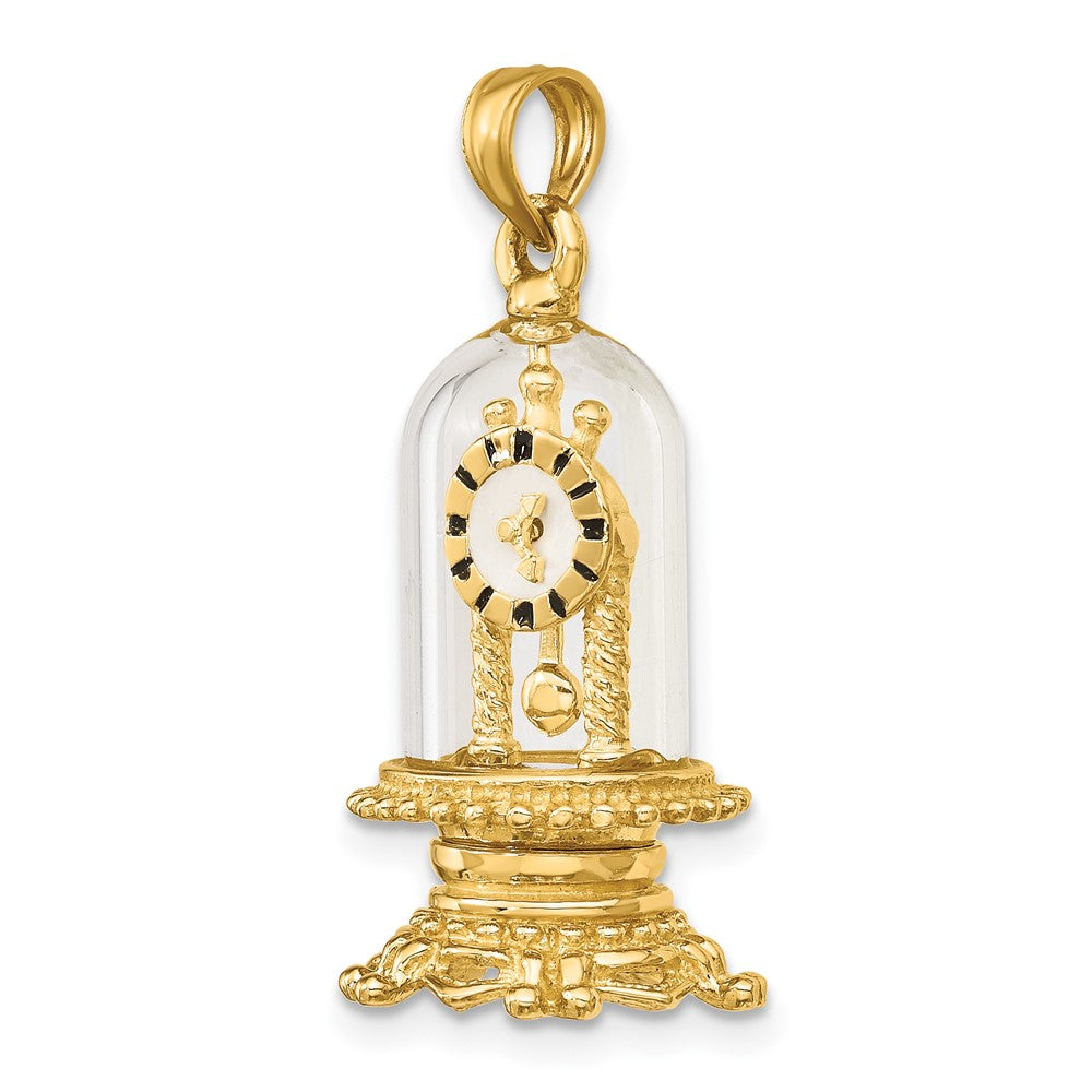 14k Yellow Gold 13.35 mm w/ Enamel 3-D Moveable Clock In Glass Dome Charm (5.69 grams)