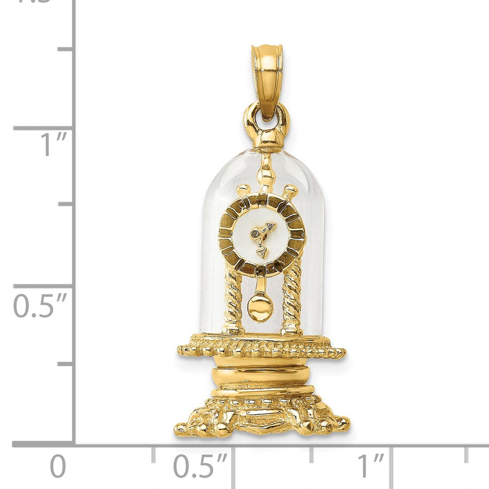 14k Yellow Gold 13.35 mm w/ Enamel 3-D Moveable Clock In Glass Dome Charm (5.69 grams)
