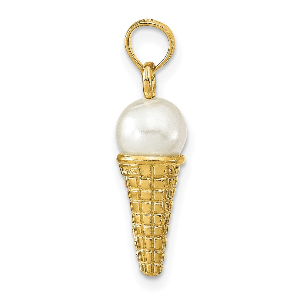 14k Yellow Gold 6.05 mm Satin Polished 3D White Bead Ice Cream Cone Pendant (1.73 grams)