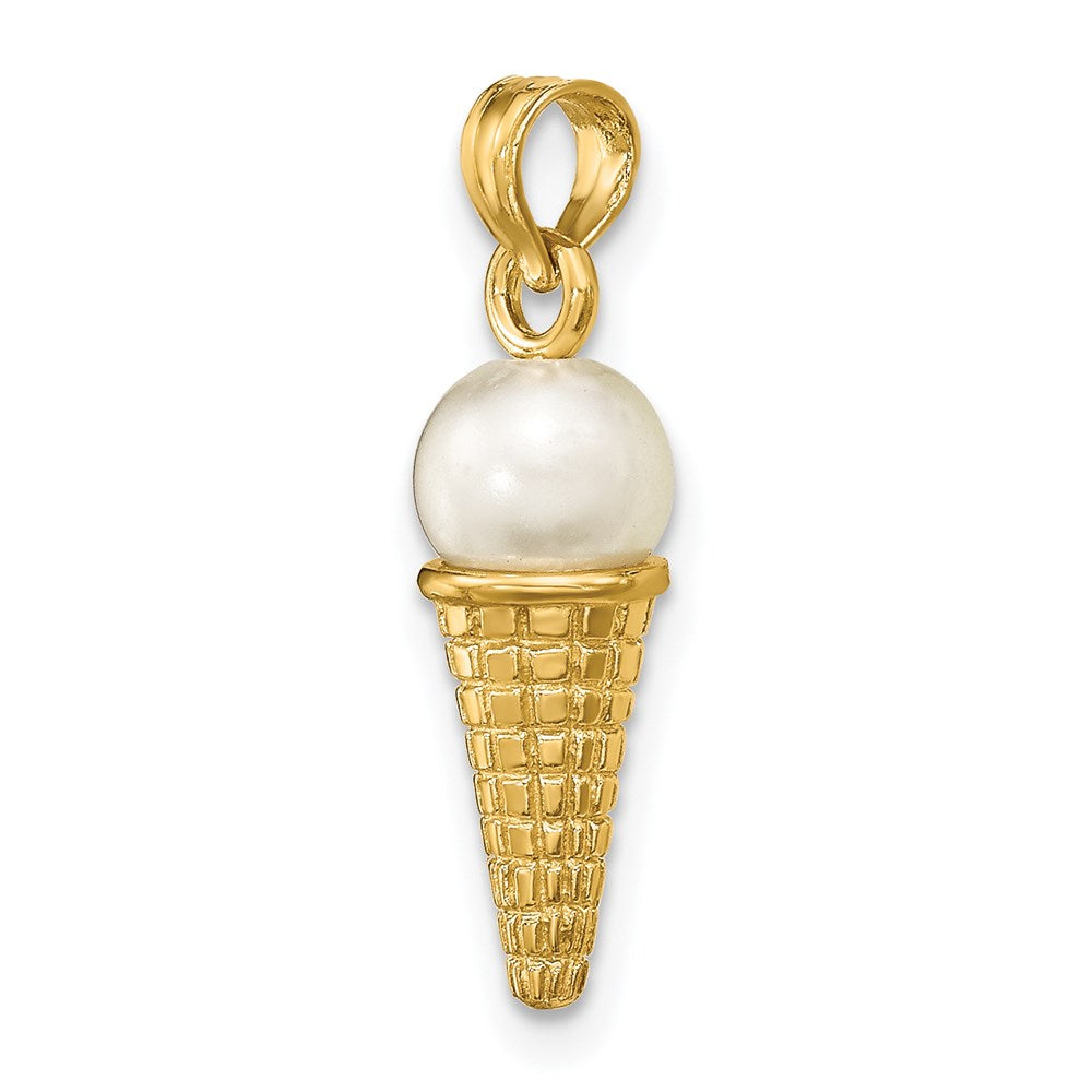 14k Yellow Gold 6.05 mm Satin Polished 3D White Bead Ice Cream Cone Pendant (1.73 grams)