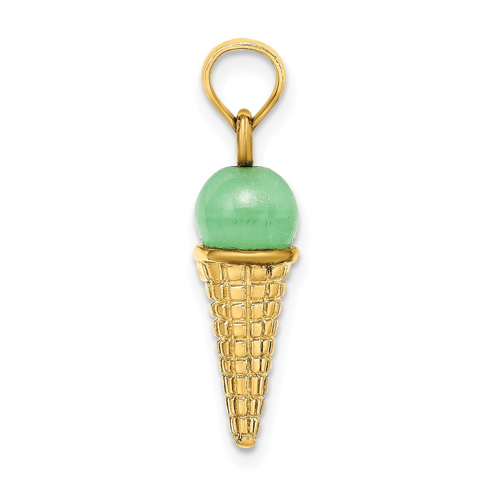 14k Yellow Gold 6.05 mm Satin Polished 3D Green Bead Ice Cream Cone Pendant (1.8 grams)