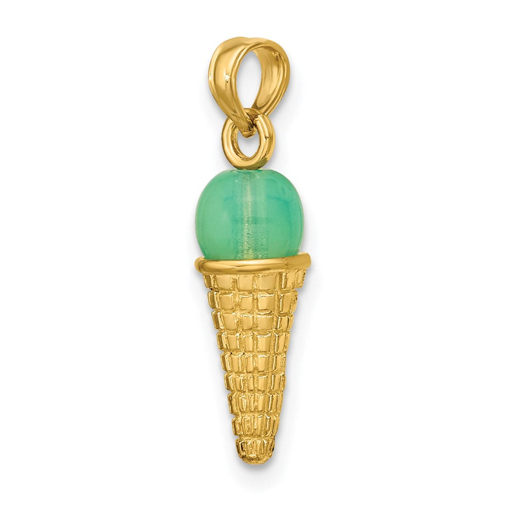 14k Yellow Gold 6.05 mm Satin Polished 3D Green Bead Ice Cream Cone Pendant (1.8 grams)