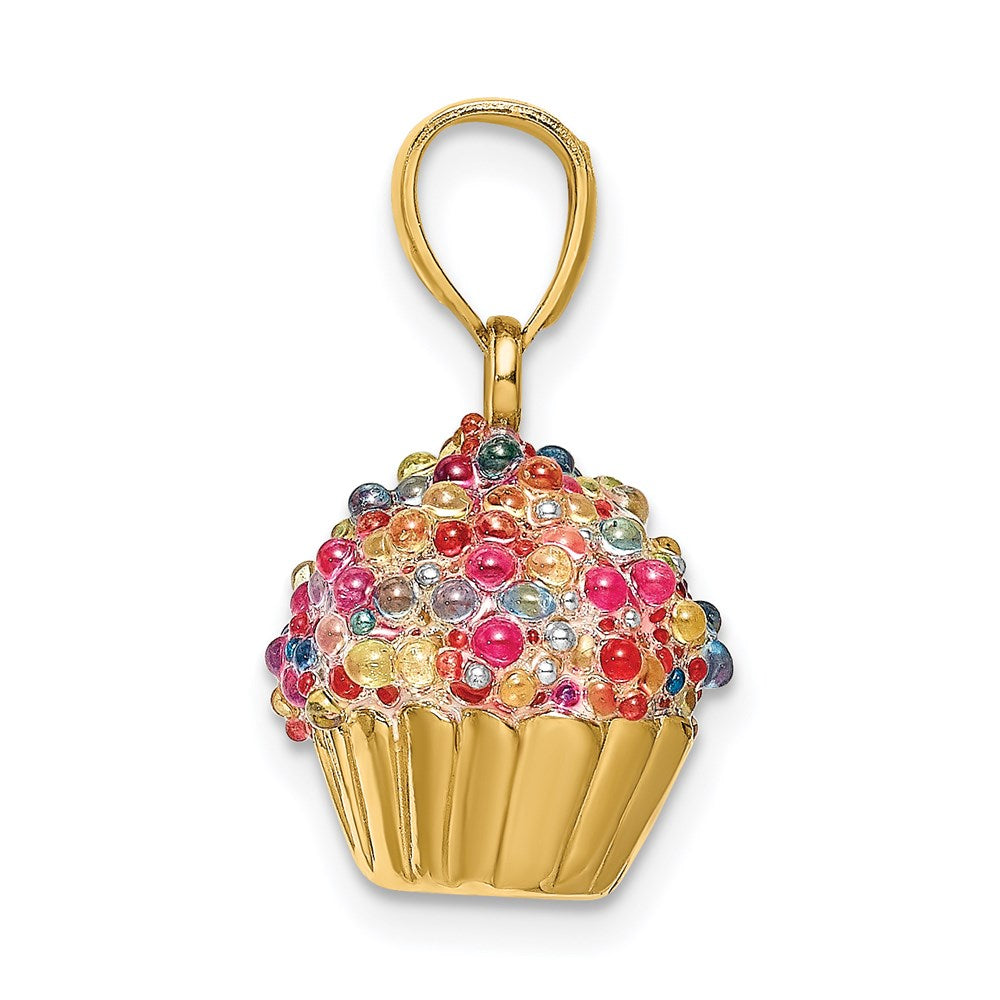 14k Yellow Gold 11.38 mm 3-D w/Colored Bead Icing Cupcake Charm (2.58 grams)