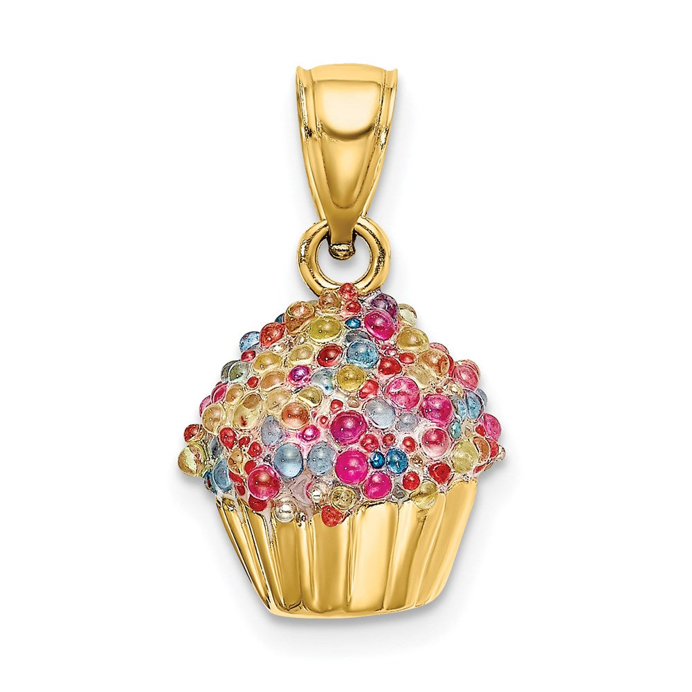 14k Yellow Gold 11.38 mm 3-D w/Colored Bead Icing Cupcake Charm (2.58 grams)