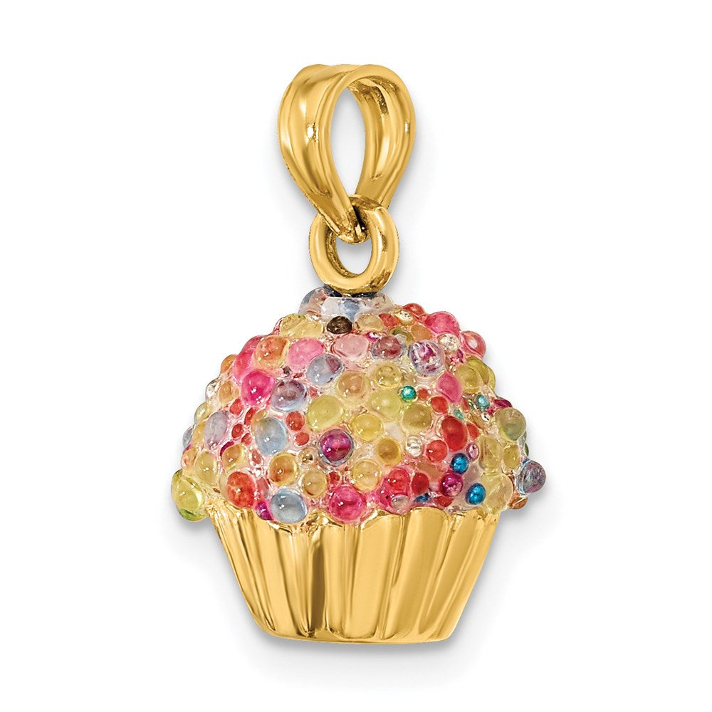 14k Yellow Gold 11.38 mm 3-D w/Colored Bead Icing Cupcake Charm (2.58 grams)
