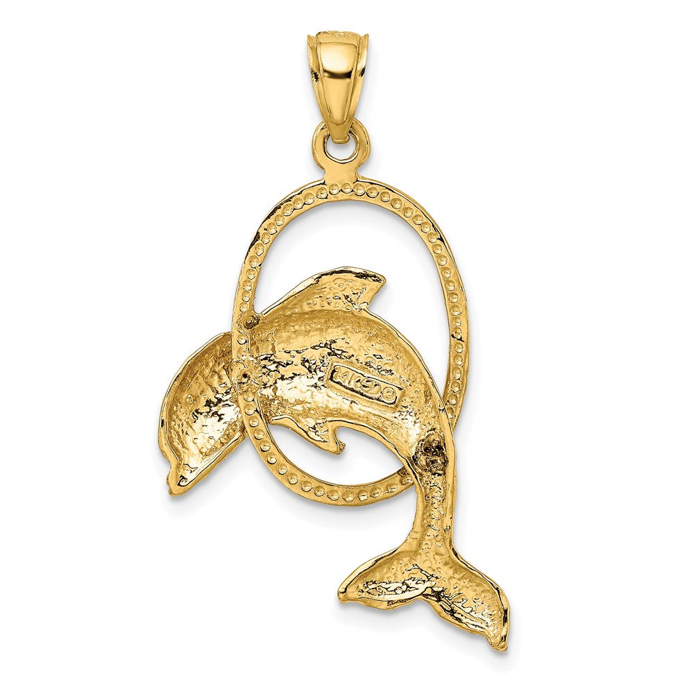 14k Yellow Gold 22 mm Dolphin Jumping Through Hoop Charm (3.29 grams)