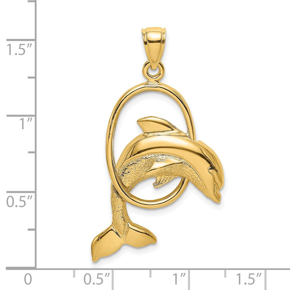 14k Yellow Gold 22 mm Dolphin Jumping Through Hoop Charm (3.29 grams)