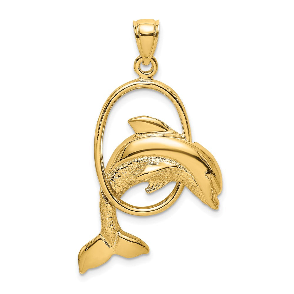 14k Yellow Gold 22 mm Dolphin Jumping Through Hoop Charm (3.29 grams)