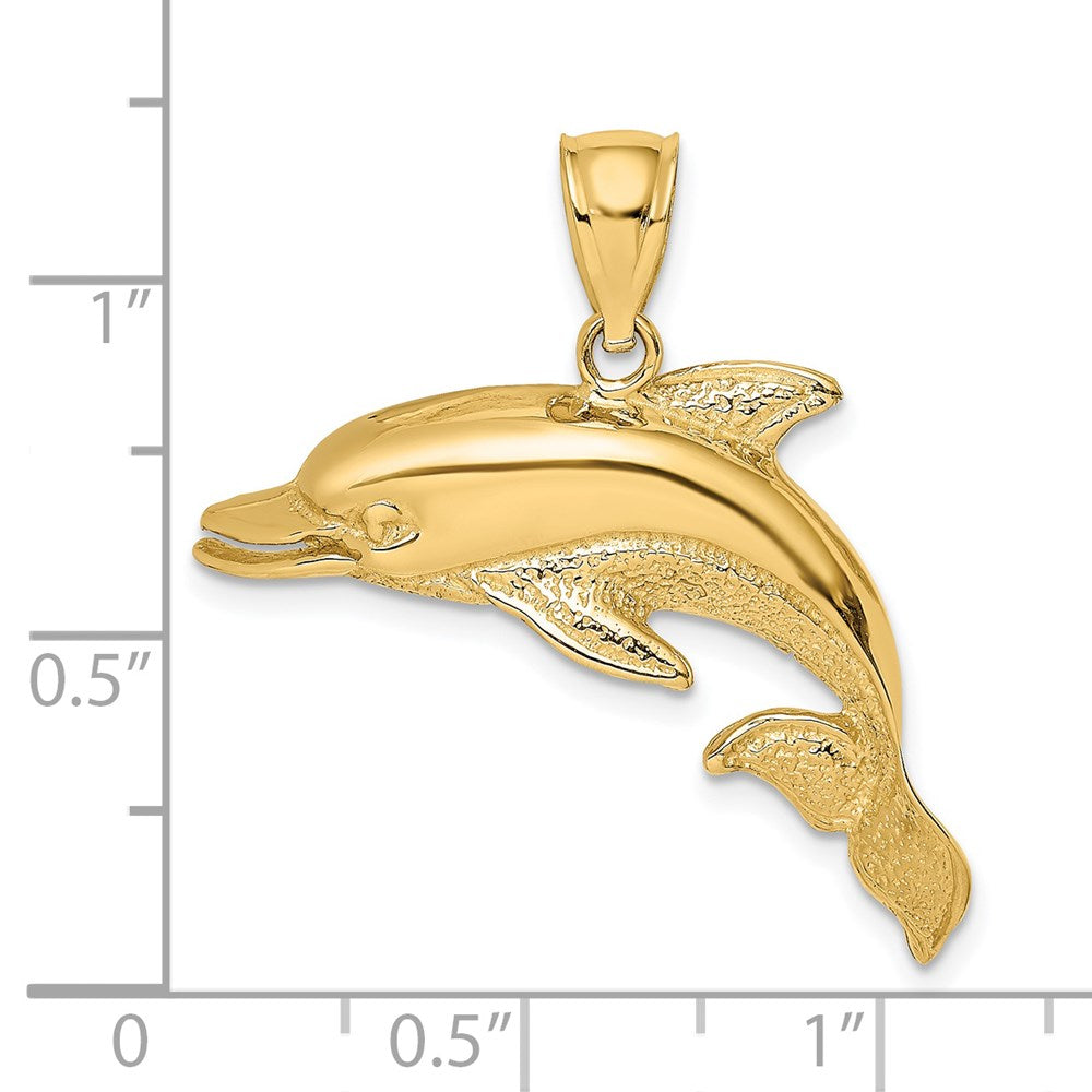 14k Yellow Gold 31.75 mm Polished and Textrued Open Mouth Dolphin Charm (3.85 grams)