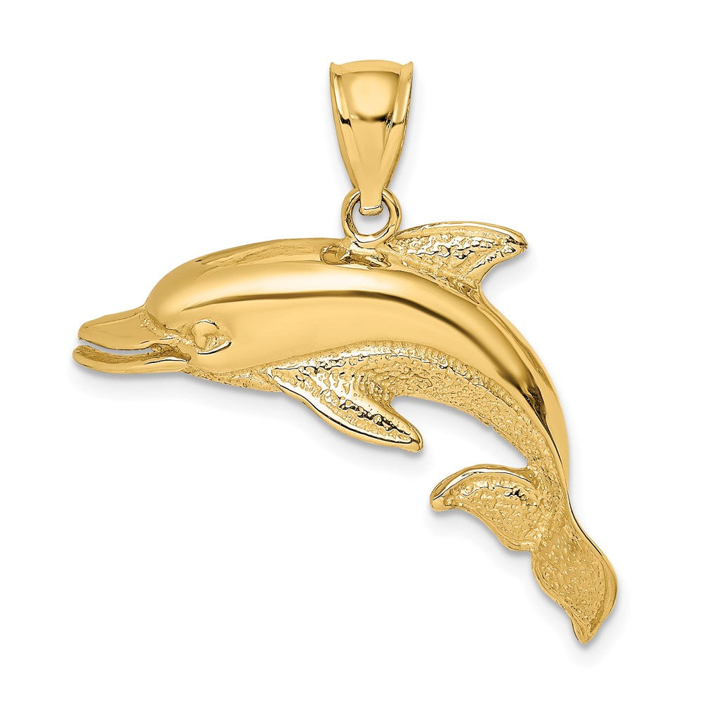 14k Yellow Gold 31.75 mm Polished and Textrued Open Mouth Dolphin Charm (3.85 grams)