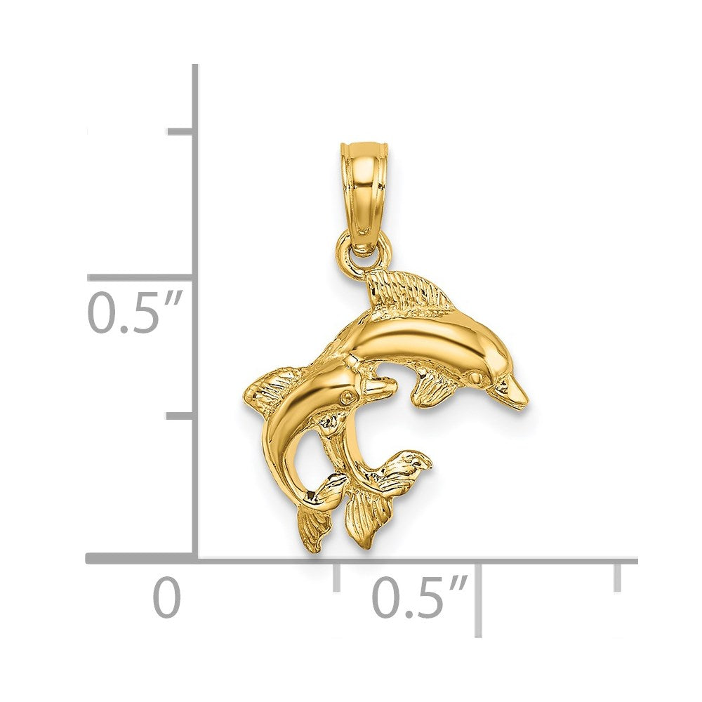 14k Yellow Gold 12.35 mm Polished 2-D Mini Double Dolphins Charm (0.88 grams)