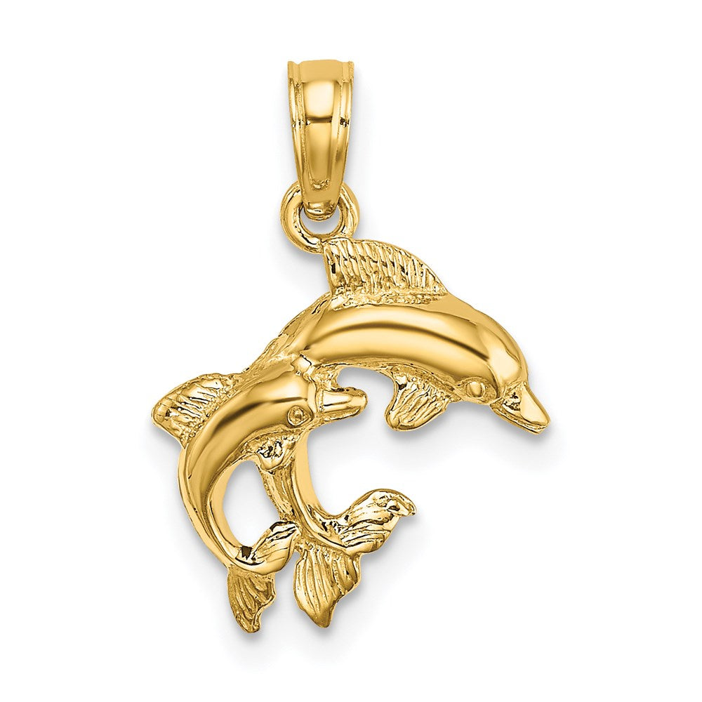 14k Yellow Gold 12.35 mm Polished 2-D Mini Double Dolphins Charm (0.88 grams)