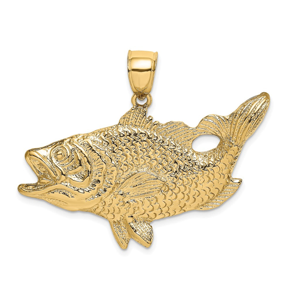 14k Yellow Gold 43.2 mm Open Mouth Bass Fish Charm (5.88 grams)