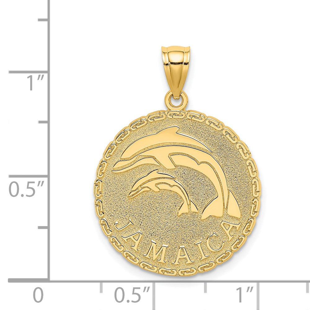 14k Yellow Gold 21.35 mm JAMAICA and Dolphins Disk Charm (2.85 grams)