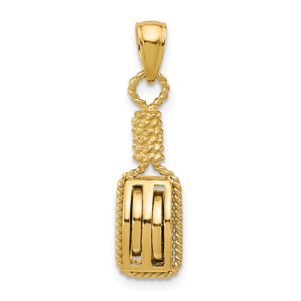 14k Yellow Gold 7.36 mm 3D Block Mariners Pulley Charm (4.21 grams)