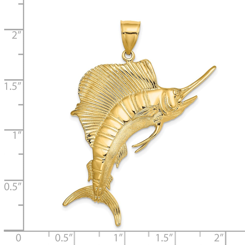 14k Yellow Gold 32 mm 3-D Polished Textured Sailfish Charm (14.27 grams)