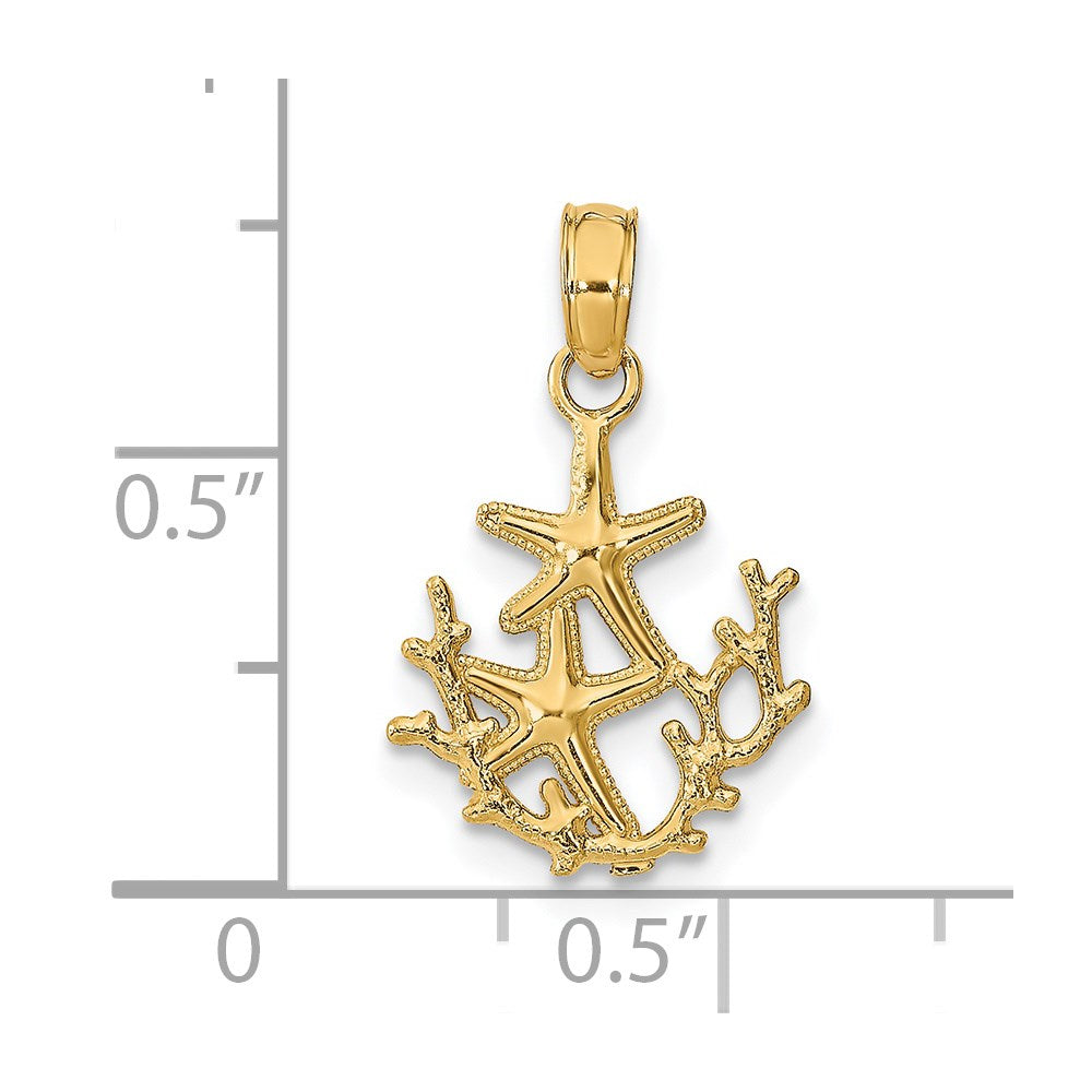14k Yellow Gold 12 mm Textured Mini Double Starfish and Coral Charm (0.71 grams)