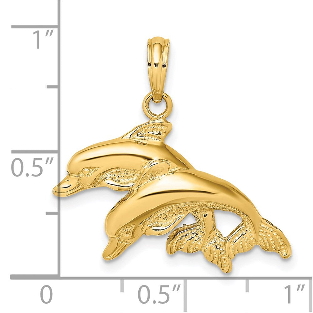 14k Yellow Gold 26.4 mm 2-D Polished /Engraved Double Dolphins Charm (2.58 grams)