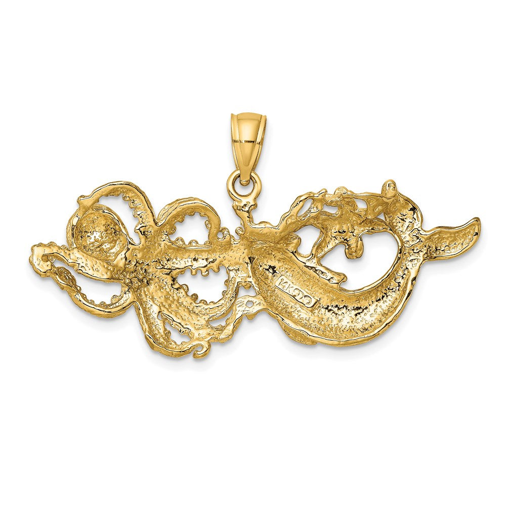 14k Yellow Gold 44.8 mm Polished and Textured Dolphin and Octopus Pendant (6.29 grams)