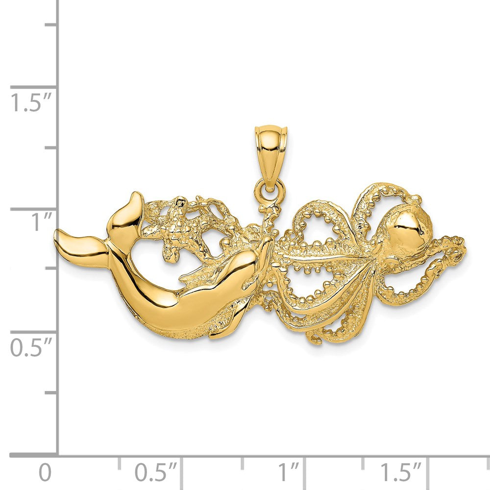 14k Yellow Gold 44.8 mm Polished and Textured Dolphin and Octopus Pendant (6.29 grams)