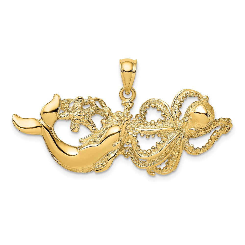 14k Yellow Gold 44.8 mm Polished and Textured Dolphin and Octopus Pendant (6.29 grams)