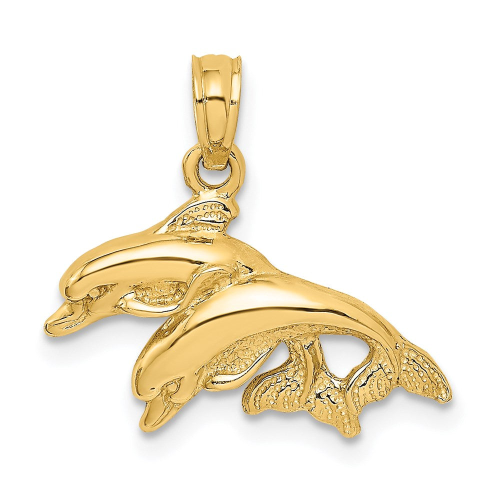 14k Yellow Gold 19.5 mm 2-D Polished Double Dolphins Jumping Left Charm (1.45 grams)