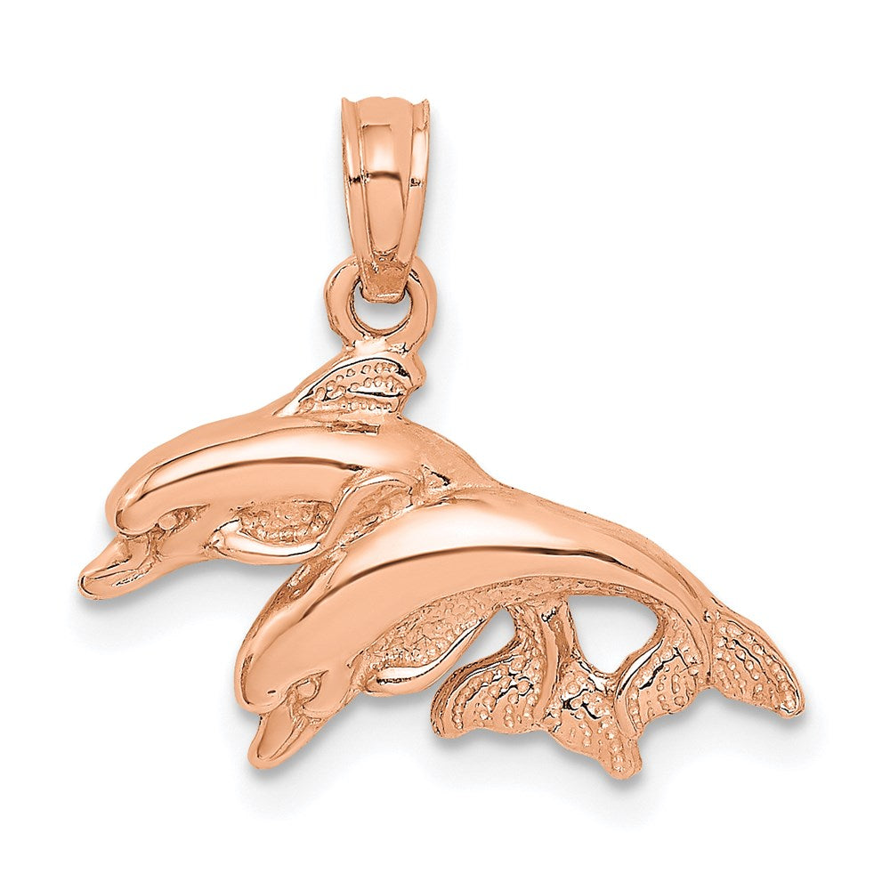 14k Rose Gold 19.5 mm Rose Gold Polished Double Dolphins Jumping Left Charm (1.28 grams)