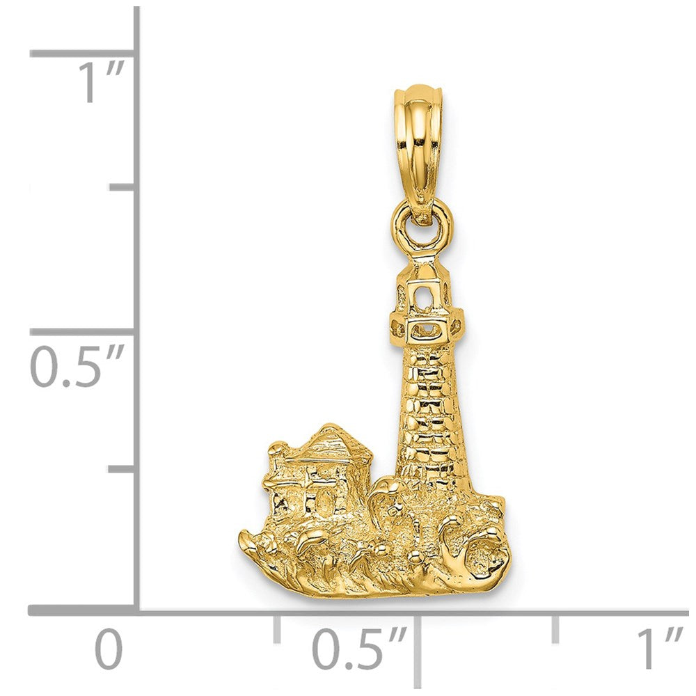 14k Yellow Gold 13.35 mm 2-D Lighthouse W/ Waves and Buildings Charm (2.05 grams)