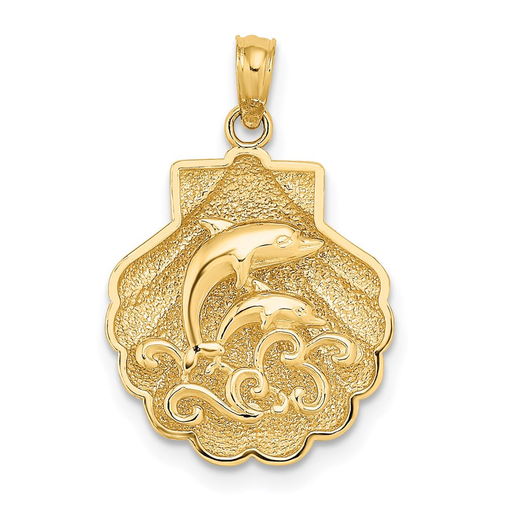 14k Yellow Gold 15.5 mm Reversible Dolphins and Waves in Shell Charm (2.06 grams)
