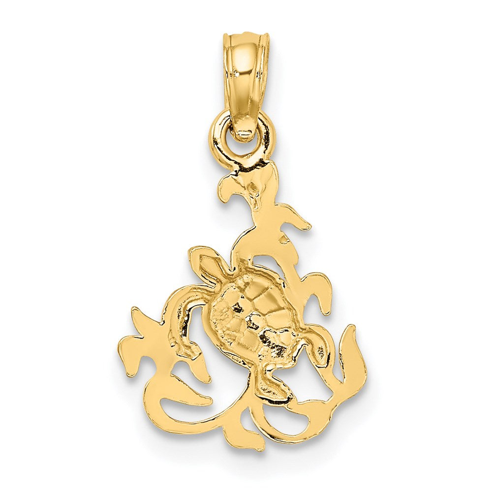 14k Yellow Gold 11.9 mm Textured Mini Sea Turtle and Kelp Charm (0.7 grams)