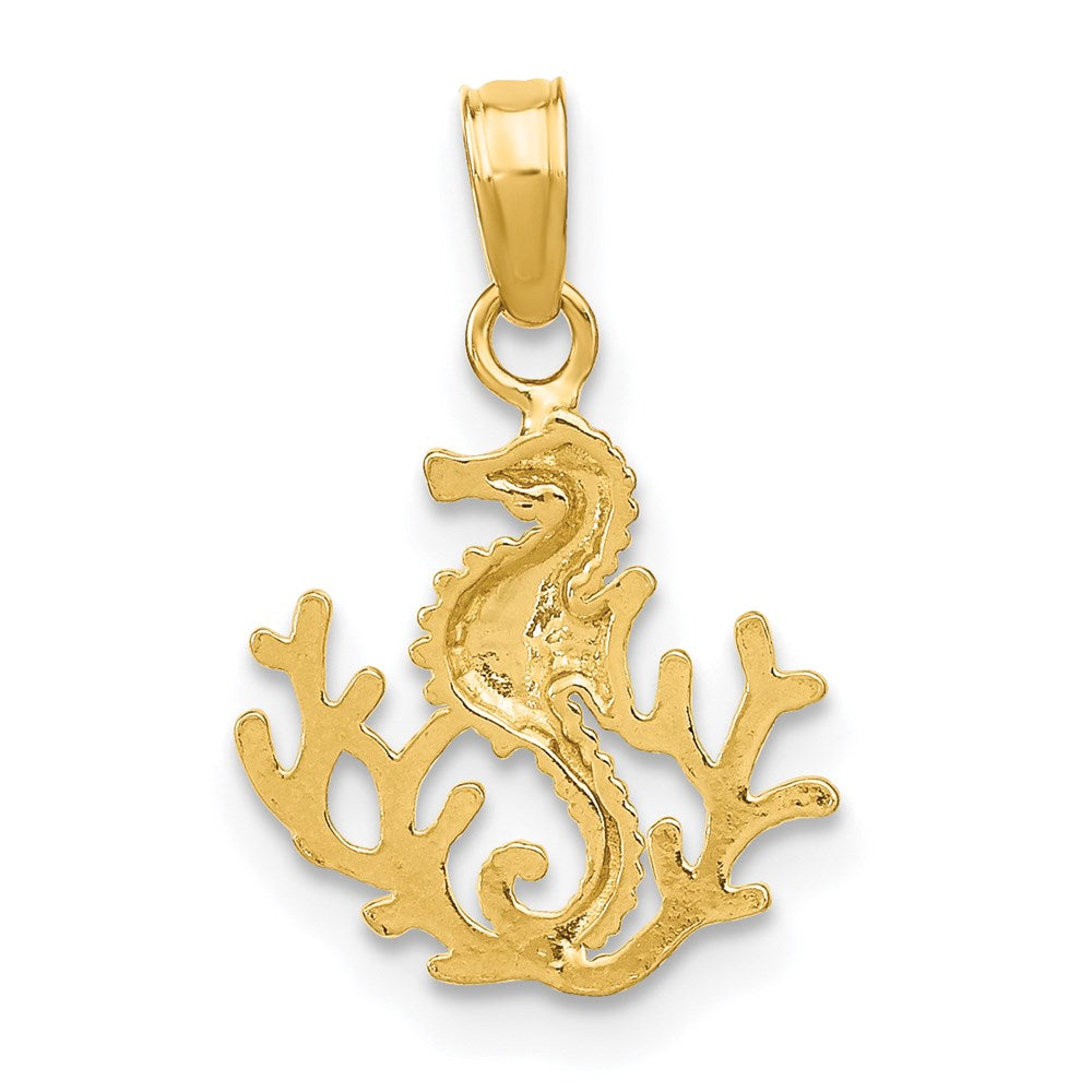 14k Yellow Gold 12 mm Textured Mini Seahorse and Coral Charm (0.8 grams)