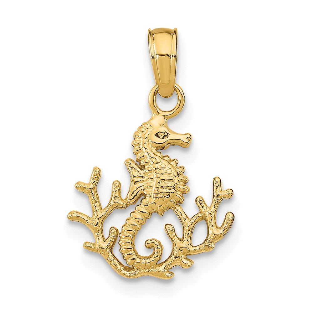 14k Yellow Gold 12 mm Textured Mini Seahorse and Coral Charm (0.8 grams)