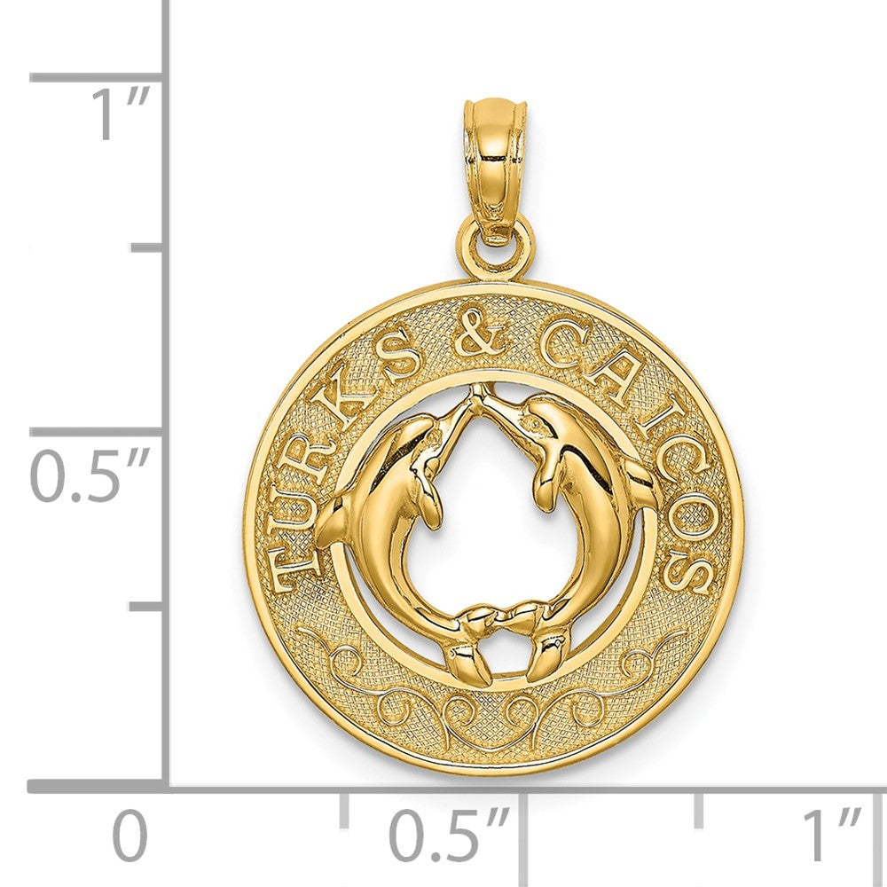 14k Yellow Gold 18.7 mm TURKS AND CAICOS w/ Dolphins Circle Charm (2.13 grams)