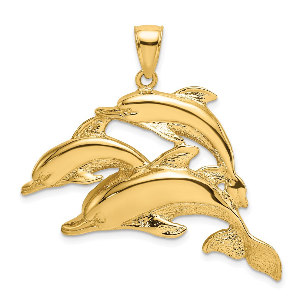 14k Yellow Gold 38.65 mm 2-D Three Dolphins Charm (5.98 grams)