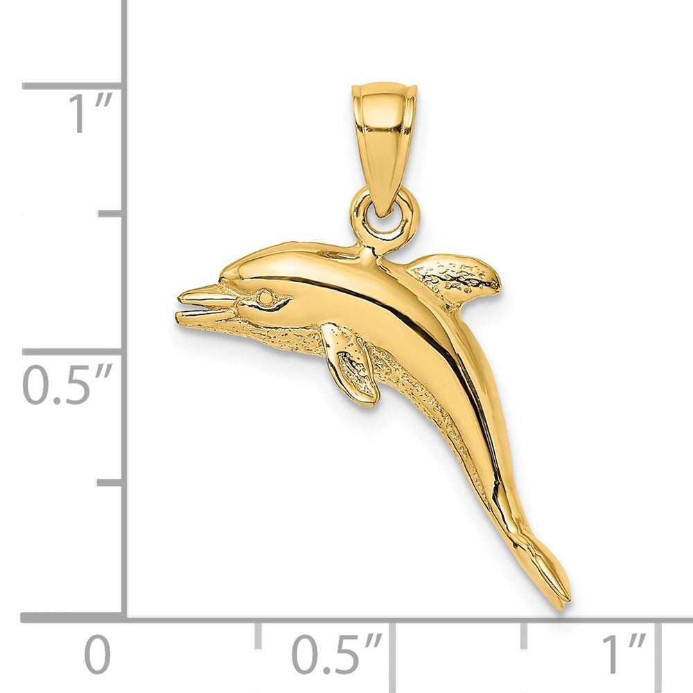 14k Yellow Gold 23.5 mm 3-D Polished and Textured Jumping Dolphin Charm (4.15 grams)