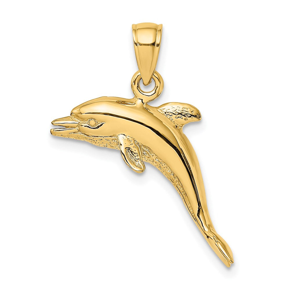 14k Yellow Gold 23.5 mm 3-D Polished and Textured Jumping Dolphin Charm (4.15 grams)