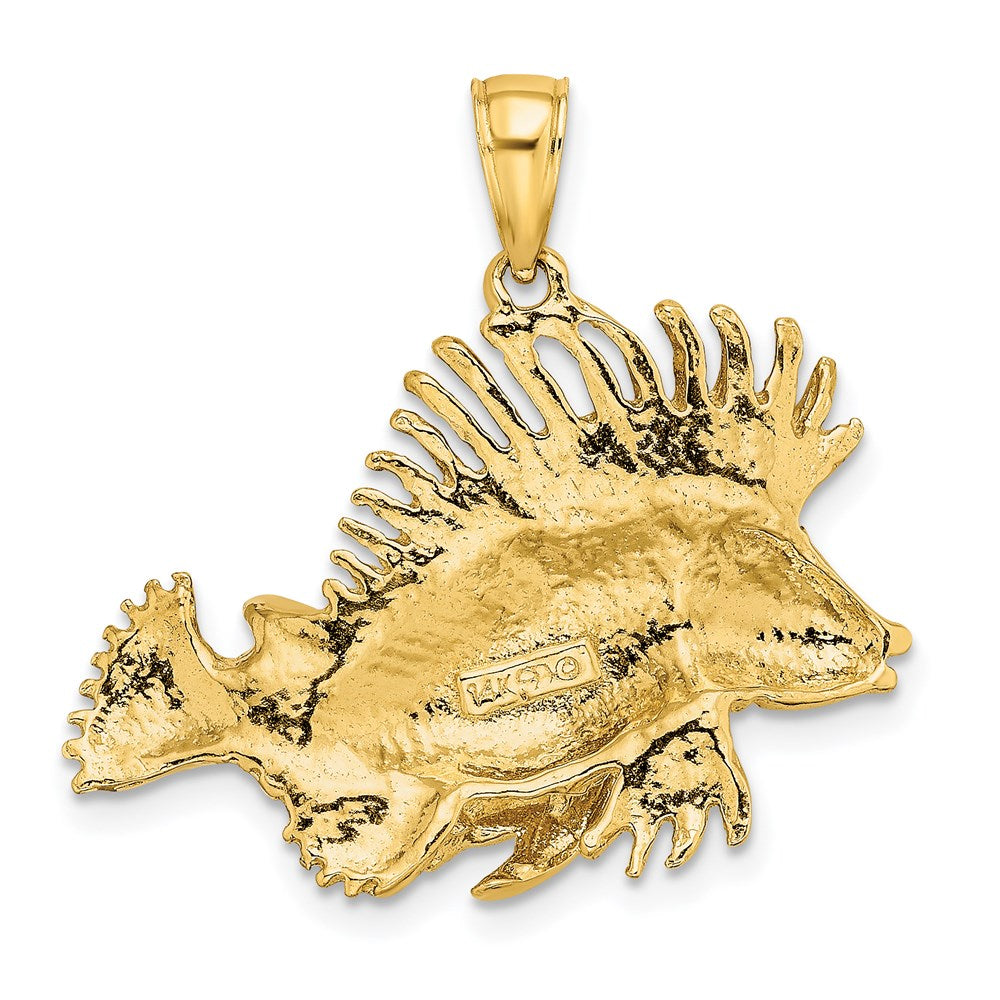 14k Yellow Gold 28.35 mm 2-D Polished /Textured Lion Fish Charm (5.26 grams)
