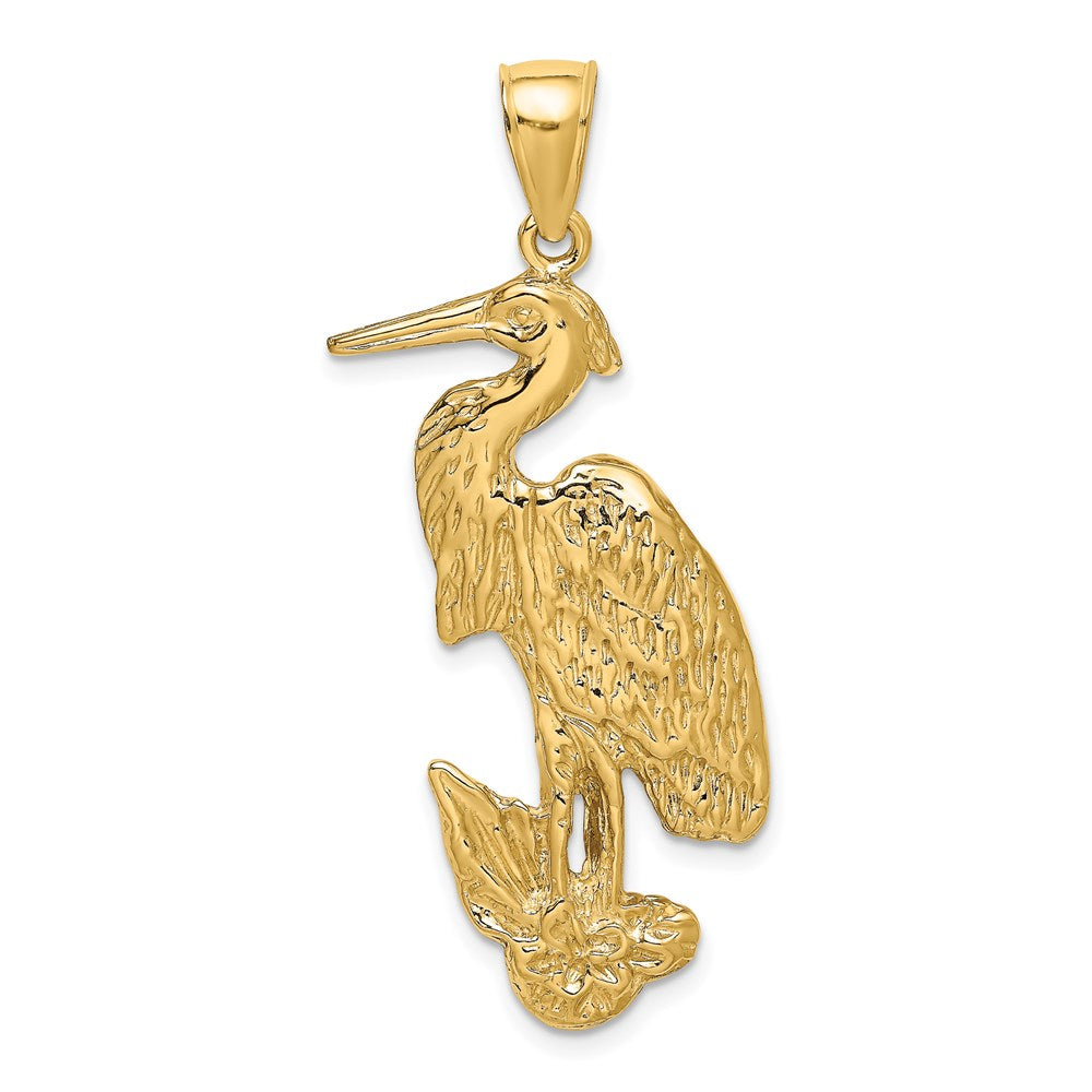 14k Yellow Gold 14.3 mm Textured Standing Egret Bird Charm (3.57 grams)