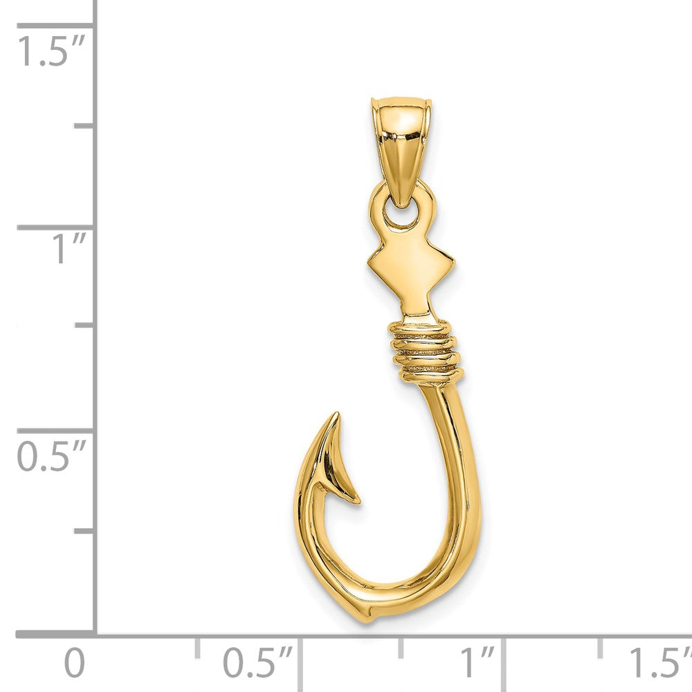 14k Yellow Gold 12.55 mm 3-D Large Fish Hook with Rope Charm (2.47 grams)