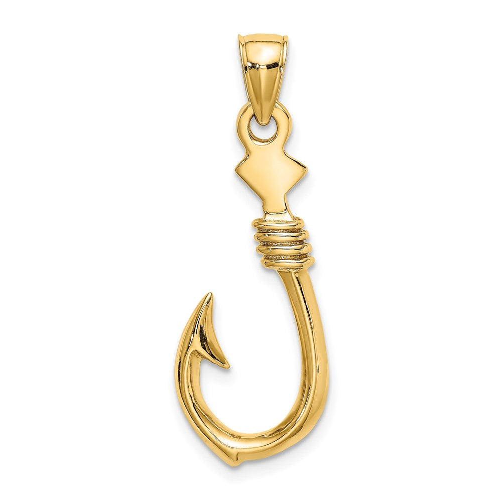 14k Yellow Gold 12.55 mm 3-D Large Fish Hook with Rope Charm (2.47 grams)