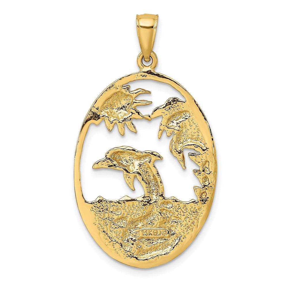 14k Yellow Gold 21.7 mm Dolphin Jumping in Ocean Scene Charm (5.87 grams)