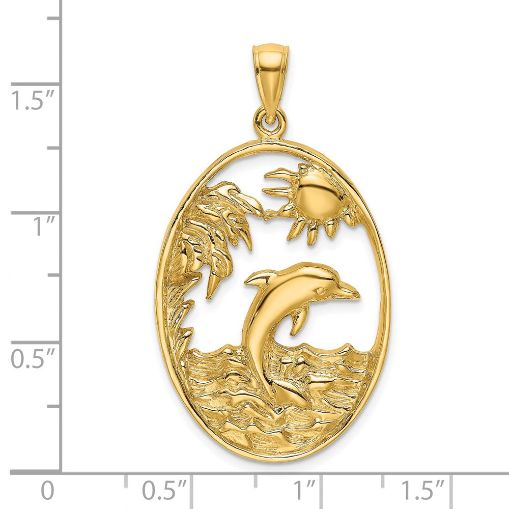 14k Yellow Gold 21.7 mm Dolphin Jumping in Ocean Scene Charm (5.87 grams)