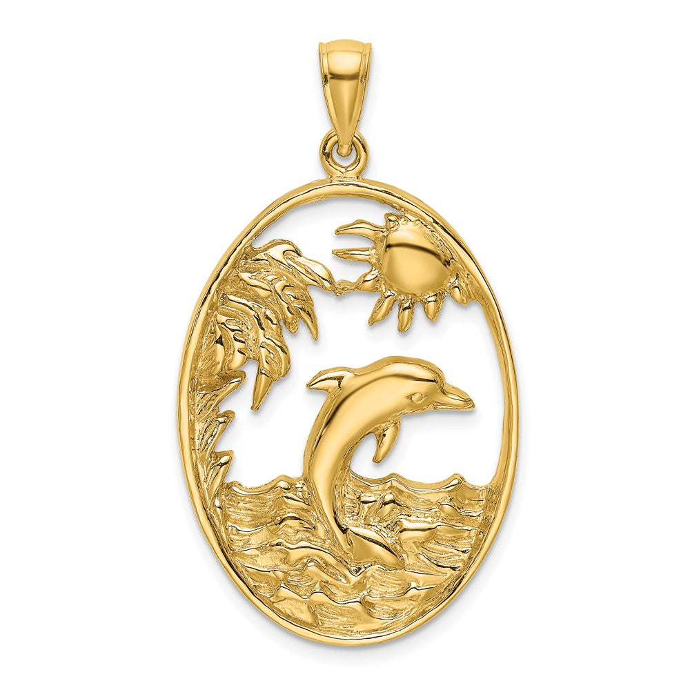 14k Yellow Gold 21.7 mm Dolphin Jumping in Ocean Scene Charm (5.87 grams)