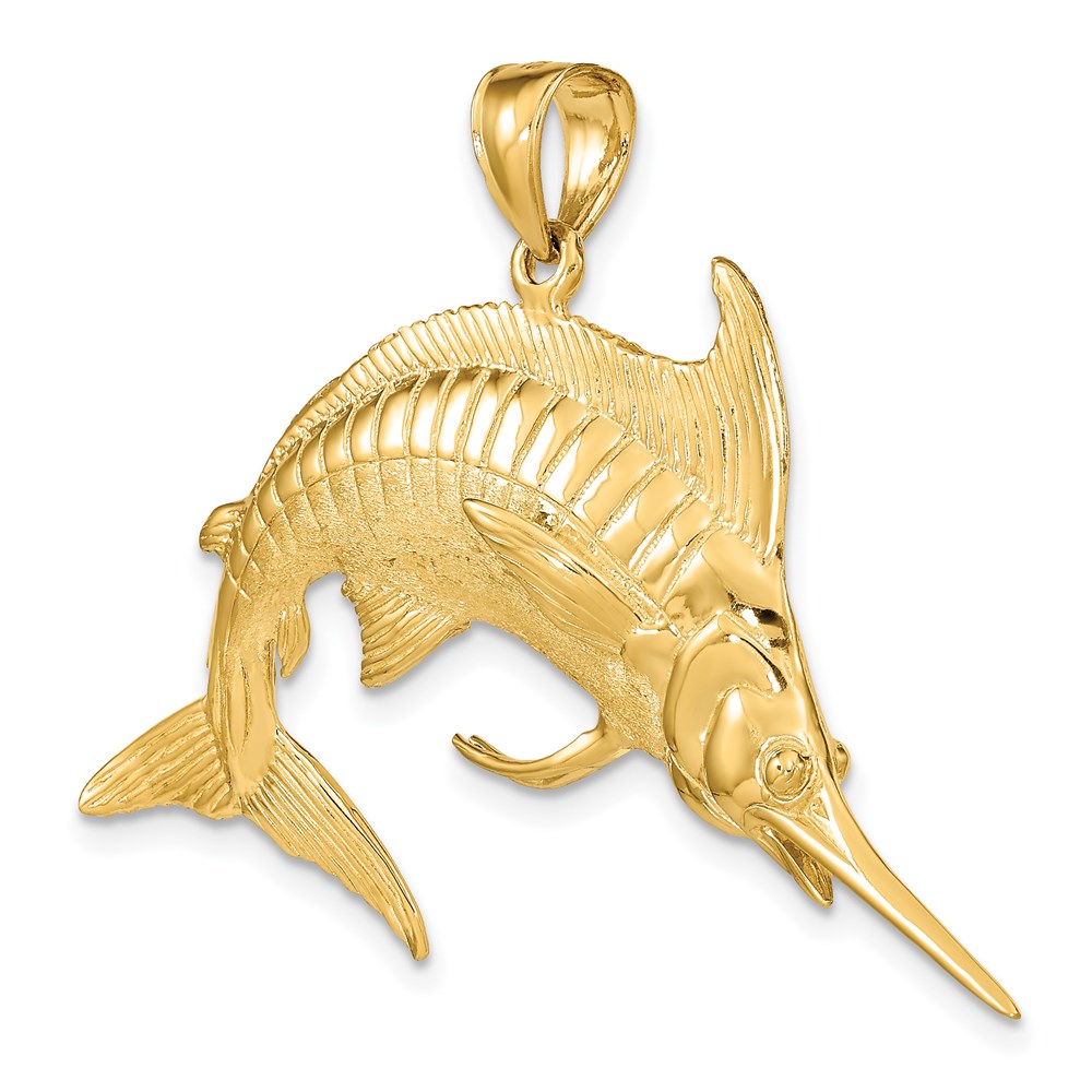14k Yellow Gold 53 mm 3-D Polished /Satin Blue Marlin Charm (12.67 grams)
