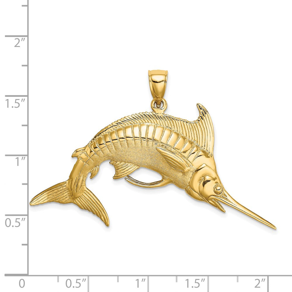 14k Yellow Gold 53 mm 3-D Polished /Satin Blue Marlin Charm (12.67 grams)