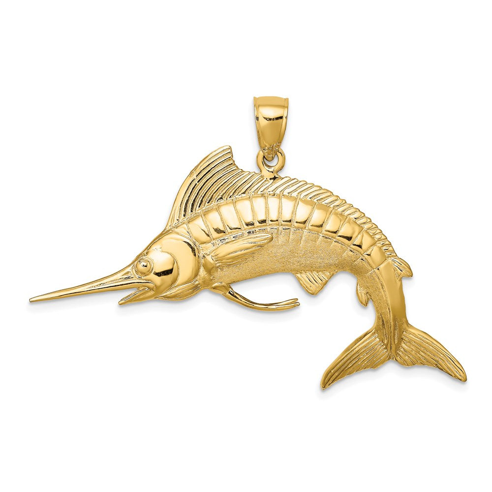 14k Yellow Gold 52.2 mm 3-D Polished Satin White Marlin Charm (13.44 grams)