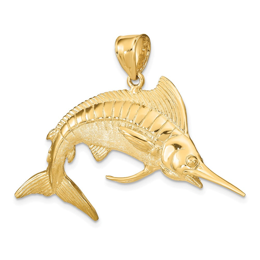 14k Yellow Gold 52.2 mm 3-D Polished Satin White Marlin Charm (13.44 grams)