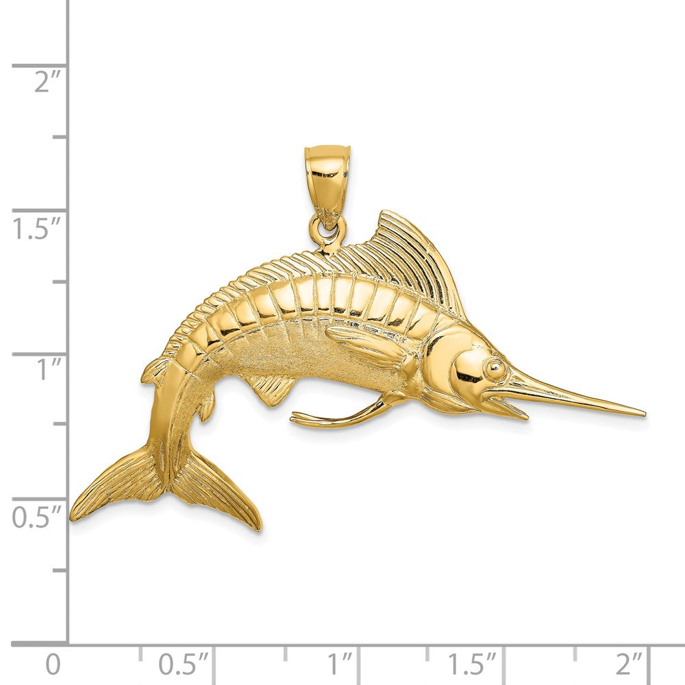 14k Yellow Gold 52.2 mm 3-D Polished Satin White Marlin Charm (13.44 grams)