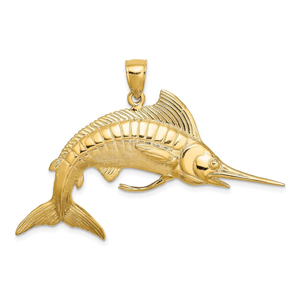14k Yellow Gold 52.2 mm 3-D Polished Satin White Marlin Charm (13.44 grams)